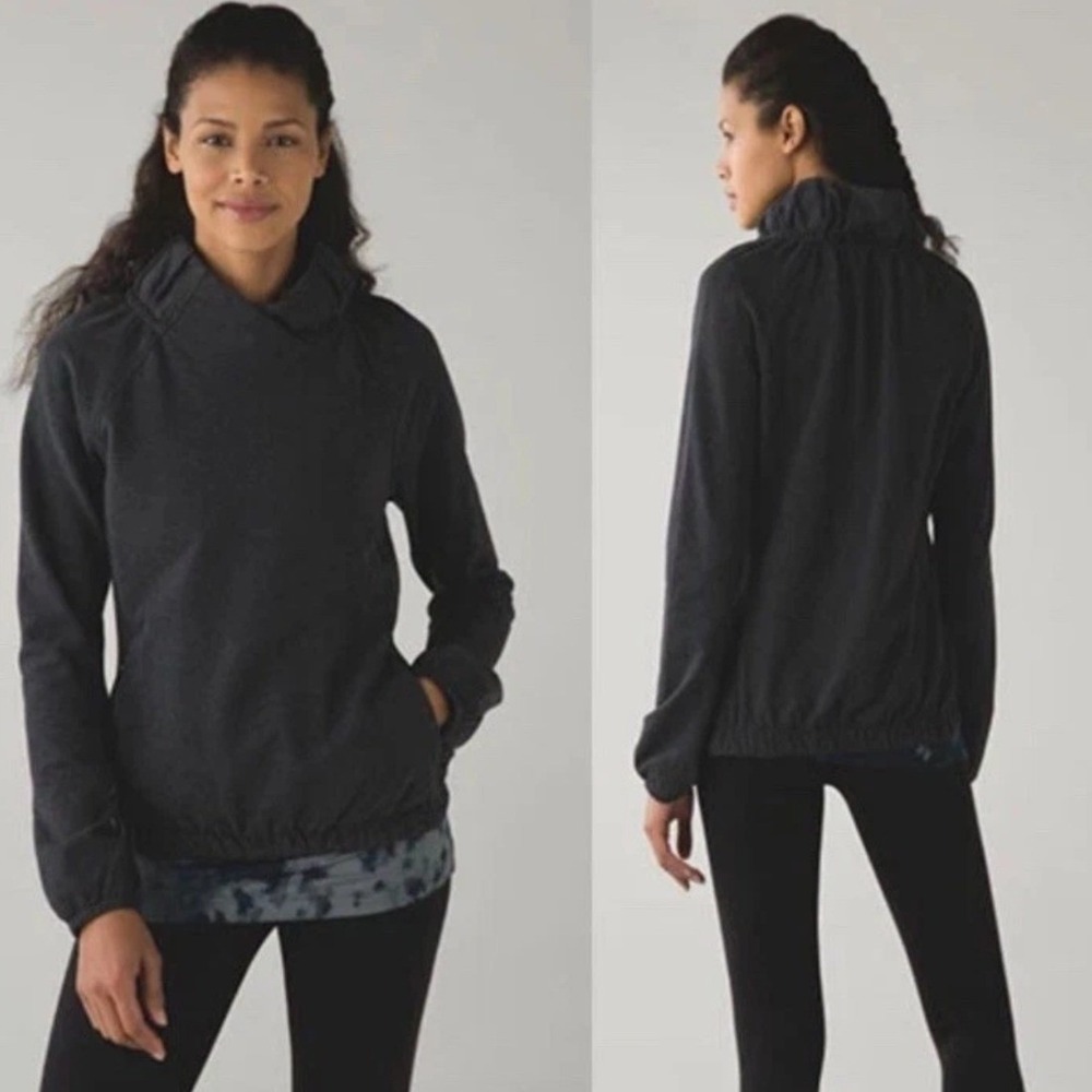 Lululemon Pullover After All 8 Heathered Black Athleisure Funnel Neck Ruffle